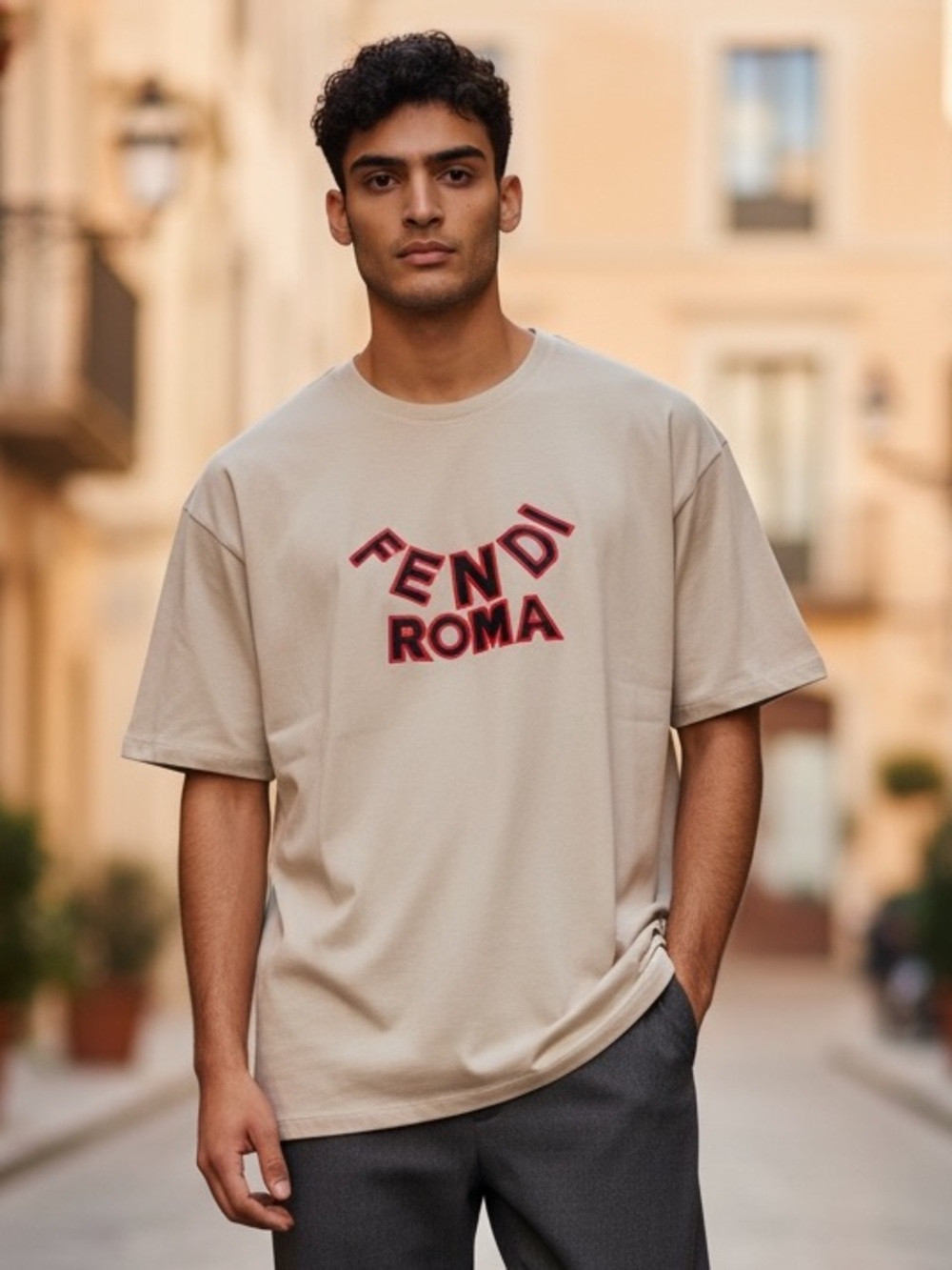 Fend I Cream Tee with Red Raised Logo